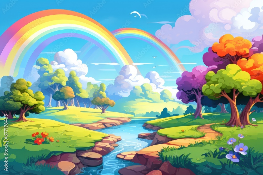 landscape with rainbow and flowers