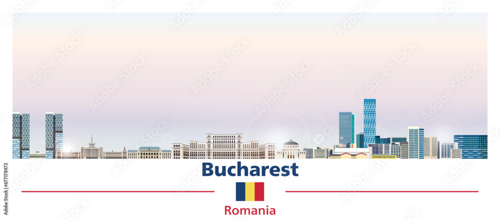 Bucharest cityscape on beautiful gradient colorful sky background vector illustration with flag of Romania