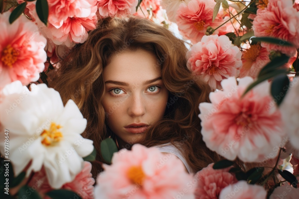 portrait of a woman surrounded by flowers portrait of a woman surrounded by flowers