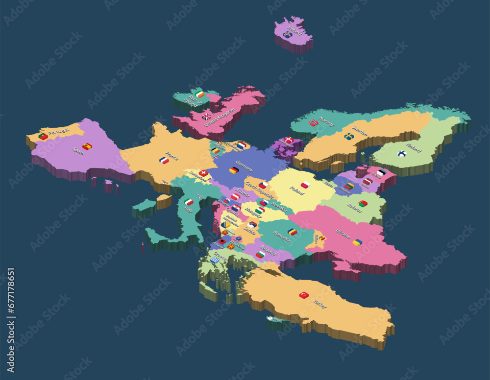 Europe political isometric map with countries names and flags icons. Vector illustration