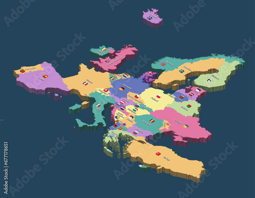 Obraz na płótnie Europe political isometric map with countries names and flags icons. Vector illustration w salonie