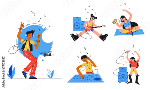 Set of joyful people wearing earphones and headphones, playing to guitar and dancing. Flat cartoon vector hand drawn illustration.