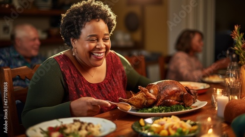 Happy African American mature woman brining stuffed turkey at dining table during family dinner  lifestyles  happiness  sitting  togetherness