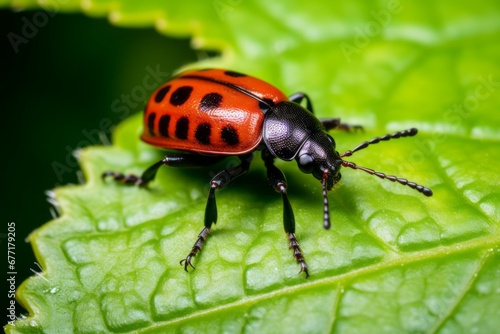 A red beetle Crawling on a Leaf