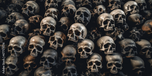 Eerie collection of human skulls in darkness.