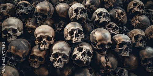 Eerie collection of human skulls in darkness. © smth.design