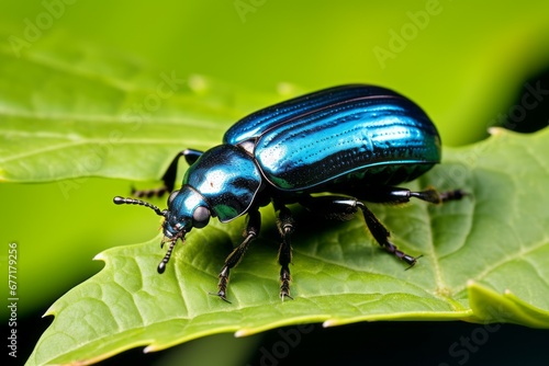 a close up of a blue beetle on a green leaf