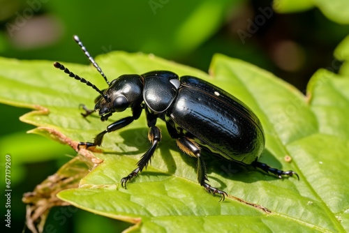 a close up of a black beetle on a green leaf © Muh