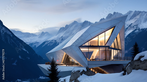 Exterior of illuminated modern glass triangle shape building near snow covered tables and rocky mountains under sky in winter