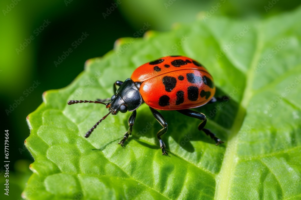 Fototapeta premium A red beetle Crawling on a Leaf