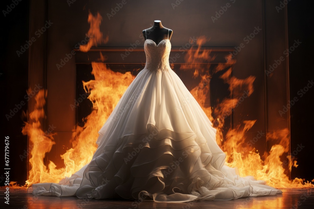 Burning wedding dress in the flames of the fire. Background with selective focus and copy space Burning wedding dress in the flames of the fire. Background with selective focus and copy space