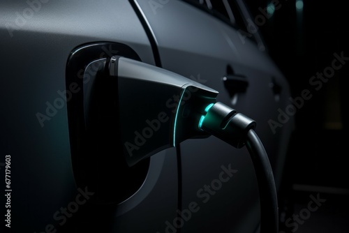 Charging an electric car close-up. Background with selective focus and copy space