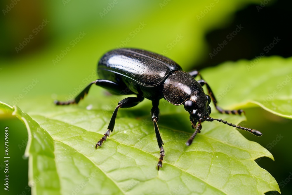 a close up of a black beetle on a green leaf a close up of a black beetle on a green leaf