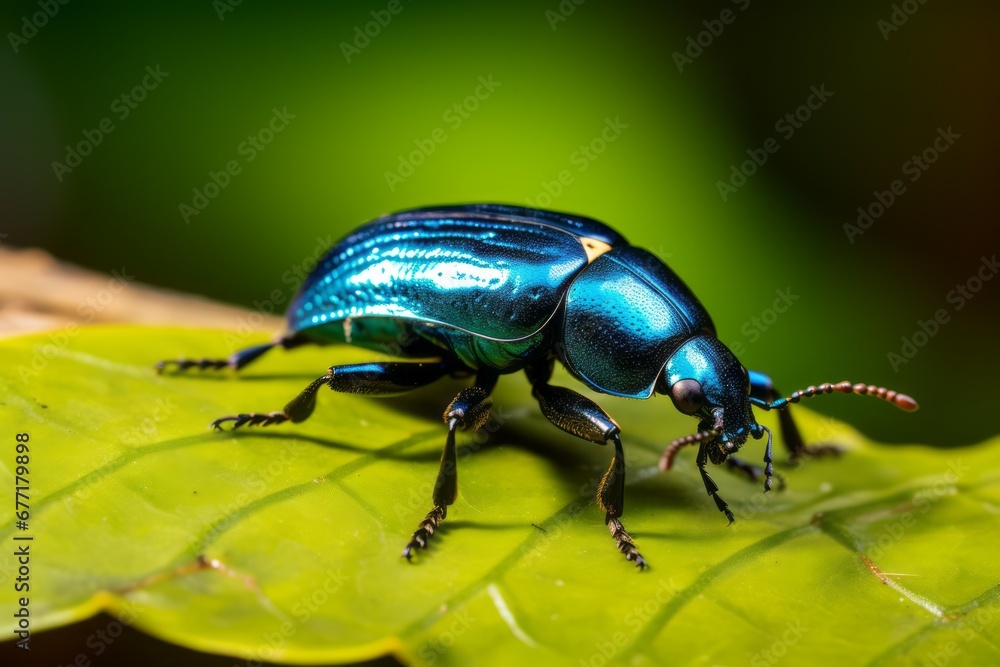 a close up of a blue beetle on a green leaf a close up of a blue beetle on a green leaf