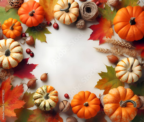 small decorative pumpkins and colorful autumn leaves to the edges of the frame, on a white background