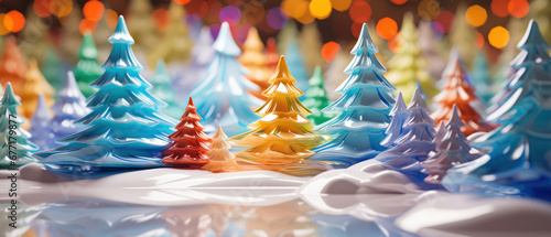 Vibrant Christmas trees on table amidst abstract plastic decor.