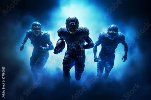 Silhouette of American football player running at night with light sky-blue and dark blue background