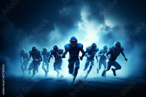 Silhouette of American football player running at night with light sky-blue and dark blue background © Nongkran
