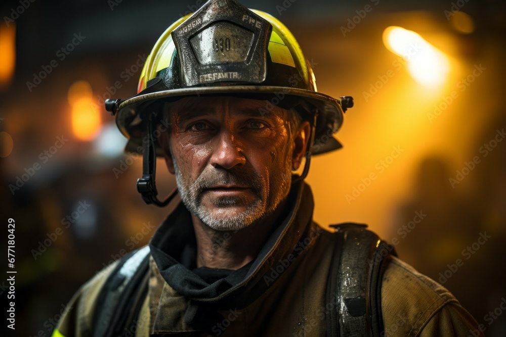 Male firefighter or rescuer. Portrait with selective focus and copy space