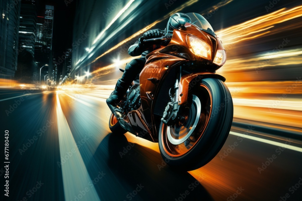 A motorcyclist races at speed on a motorcycle. Background with selective focus and copy space