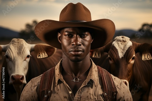 African American cowboy from the south on a farm. Portrait with selective focus and copy space