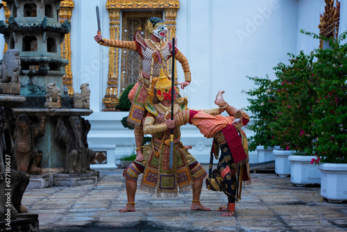 Art culture Thailand Dancing in masked khon in literature ramayana,thailand culture Khon,Vintage stlye,Thailand photo