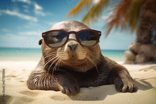 A seal wearing sunglasses is sunbathing on a sandy beach by the sea under the palms