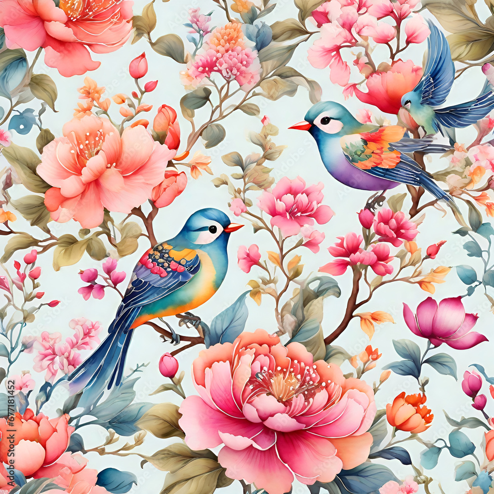 Obraz premium Watercolor Chinoiserie Floral Pattern, generative ai