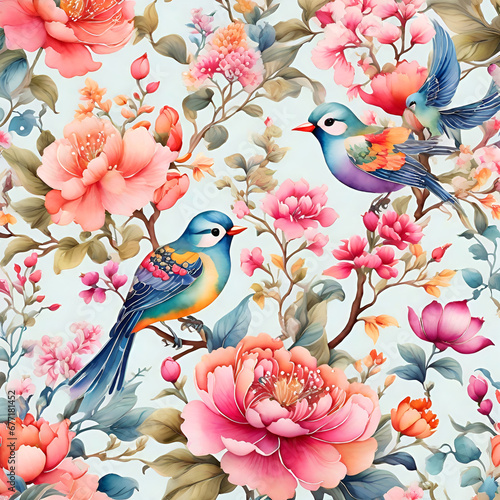 Watercolor Chinoiserie Floral Pattern  generative ai