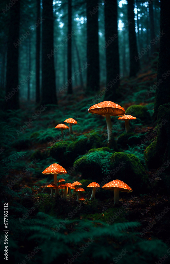 Magical Fantasy Reveal the hidden world of mysterious neon light mushrooms through macro photography.