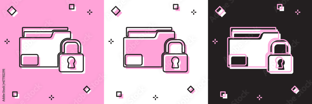 Set Folder and lock icon isolated on pink and white, black background. Closed folder and padlock. Security, safety, protection concept. Vector Set Folder and lock icon isolated on pink and white, black background. Closed folder and padlock. Security, safety, protection concept. Vector