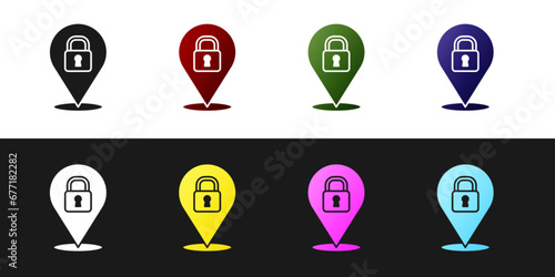 Set Location lock icon isolated on black and white background. The concept of the house turnkey. Vector