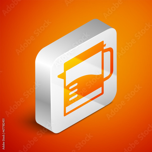 Isometric Electric kettle icon isolated on orange background. Teapot icon. Silver square button. Vector