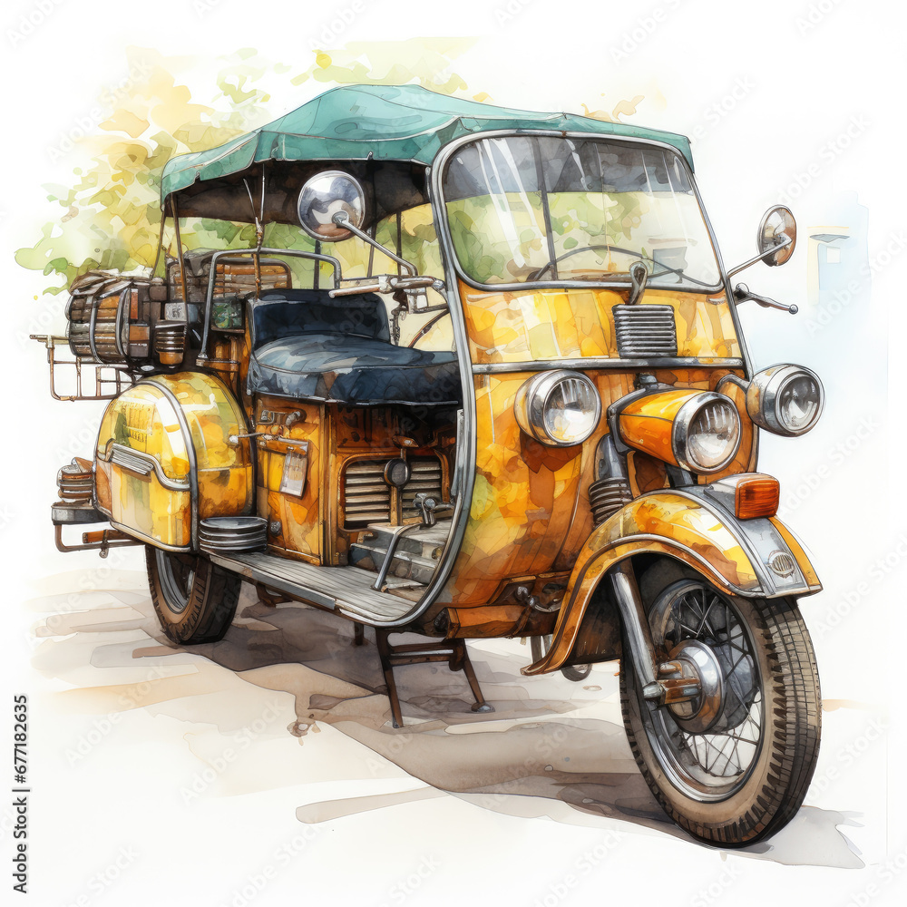 watercolor Rickshaw car clipart, Generative Ai