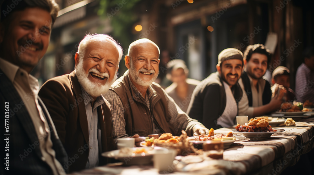 Photo of a company of company of elderly men participating in a Turkish feast with an abundance of traditional Turkish sweets, at a rustic cafe Photo of a company of company of elderly men participating in a Turkish feast with an abundance of traditional Turkish sweets, at a rustic cafe