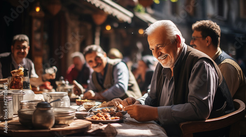 Photo of a company of company of elderly men participating in a Turkish feast with an abundance of traditional Turkish sweets, at a rustic cafe photo