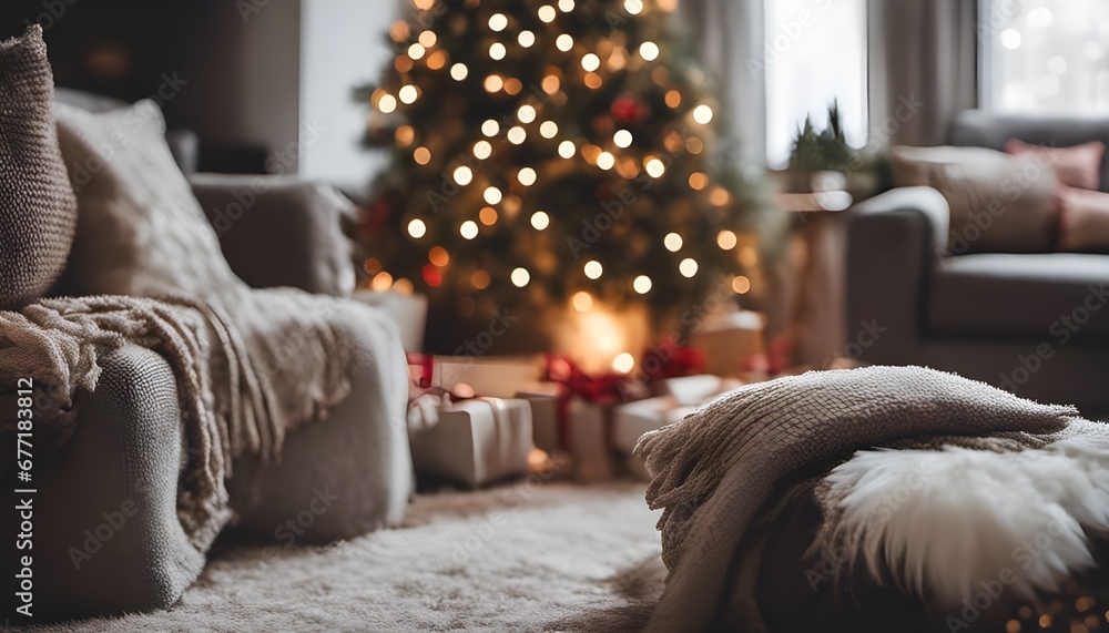 Obraz premium Beautifully wintry and cozy living room with a decorated Christmas tree, cozy blankets and pillows, warm light