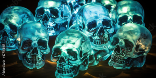 Mystic blue skulls shine in darkness.