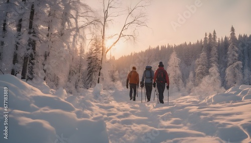 People hiking in snowy mountains during winter season. Sunset, winter season
