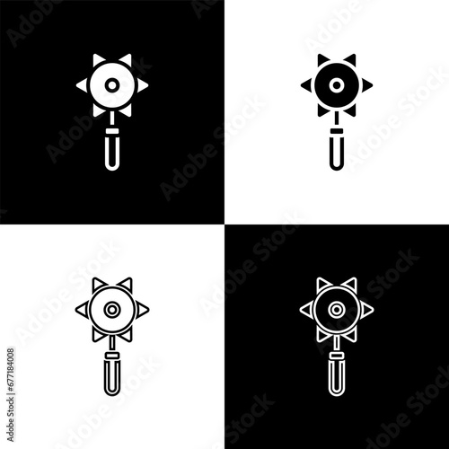 Set Medieval chained mace ball icon isolated on black and white background. Medieval weapon. Vector