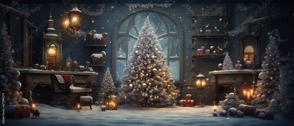 Cozy Christmas scene with festive trees, warm candlelight.