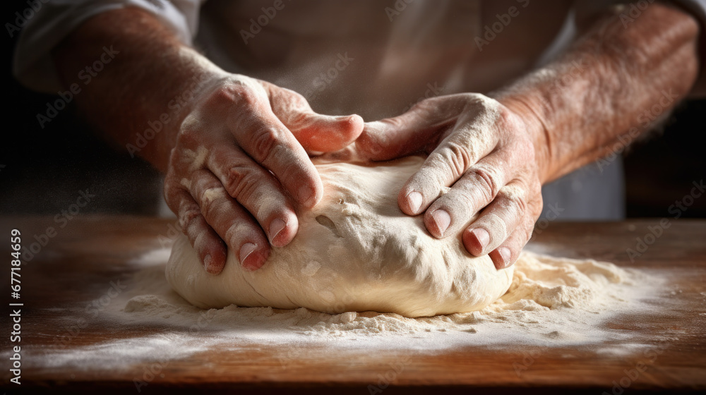 Unrecognizable young man kneading dough on wooden table. Males hands making bread on dark background. Selective focus.