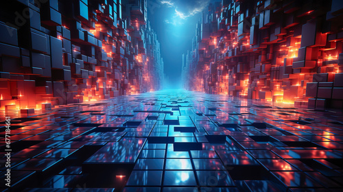 Illuminated Data Blocks in the Ethereal Alleyway of Information - an ethereal alleyway within a digital metropolis, where towering walls of data blocks glow with an inner fire.  photo