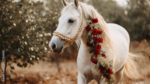 Beautiful White Horse Portrait Outdoors in a Snowy Field With a Holiday Red and Green Christmas Wreath Around Neck  photo