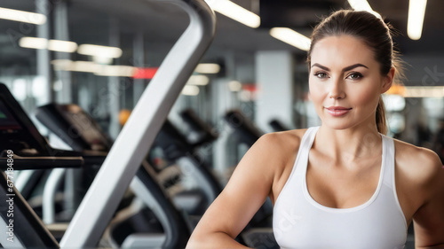 Beautiful woman who is working out at the gym, running on the treadmill, dumbbells, and doing fitness exercises. have a good body and good health. healthy Health and muscle care concept.