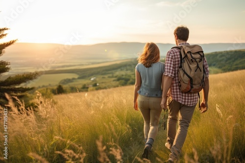Family on foot walking climbs mountains in summer enjoying nature. Lovely couple hikes in countryside valley to get some fresh air in mountains. Romantic couple walking in evening mountains