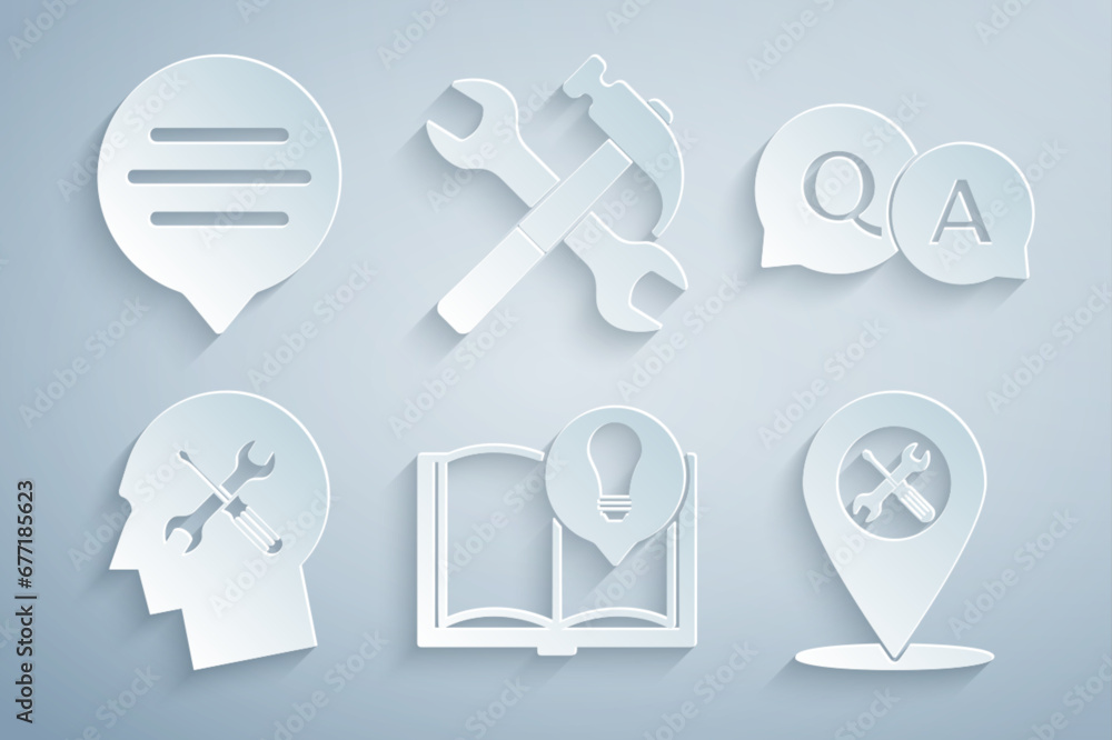 Set Interesting facts, Question and Answer, Human head service, Location, Crossed hammer wrench and Speech bubble chat icon. Vector Set Interesting facts, Question and Answer, Human head service, Location, Crossed hammer wrench and Speech bubble chat icon. Vector