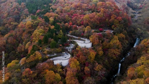 Aerial footage of Irohazaka winding roads connects the lower elevations near central Nikko to the higher elevations of Okunikko region in Tochigi prefecture, Japan