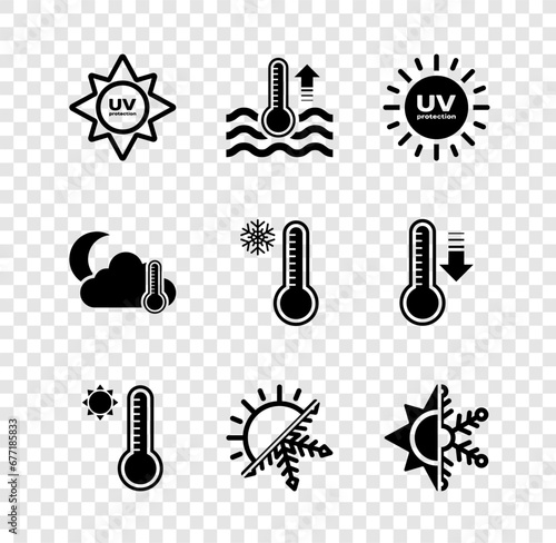 Set UV protection, Water thermometer, Meteorology, Sun and snowflake, Thermometer cloud, moon and icon. Vector