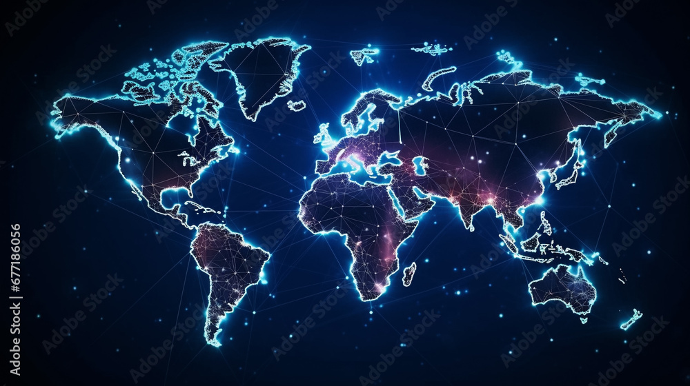 Graphic concept of the world map. Abstract polygonal shapes on night sky. Generative AI.